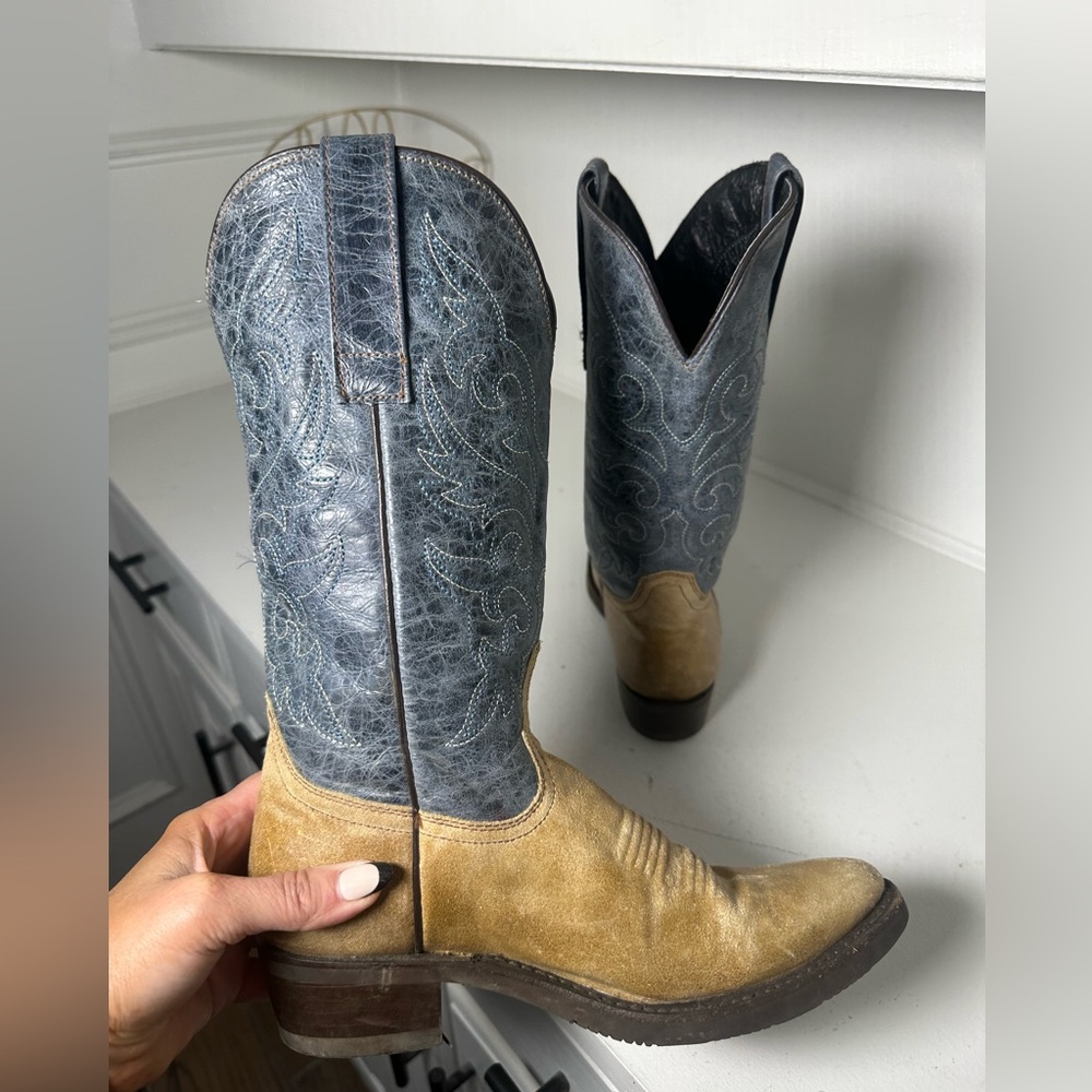 Masterson Boots Women’s 7.5M Two Tone Western Cowboy Boots Tan & Blue Leather - Picture 7 of 9